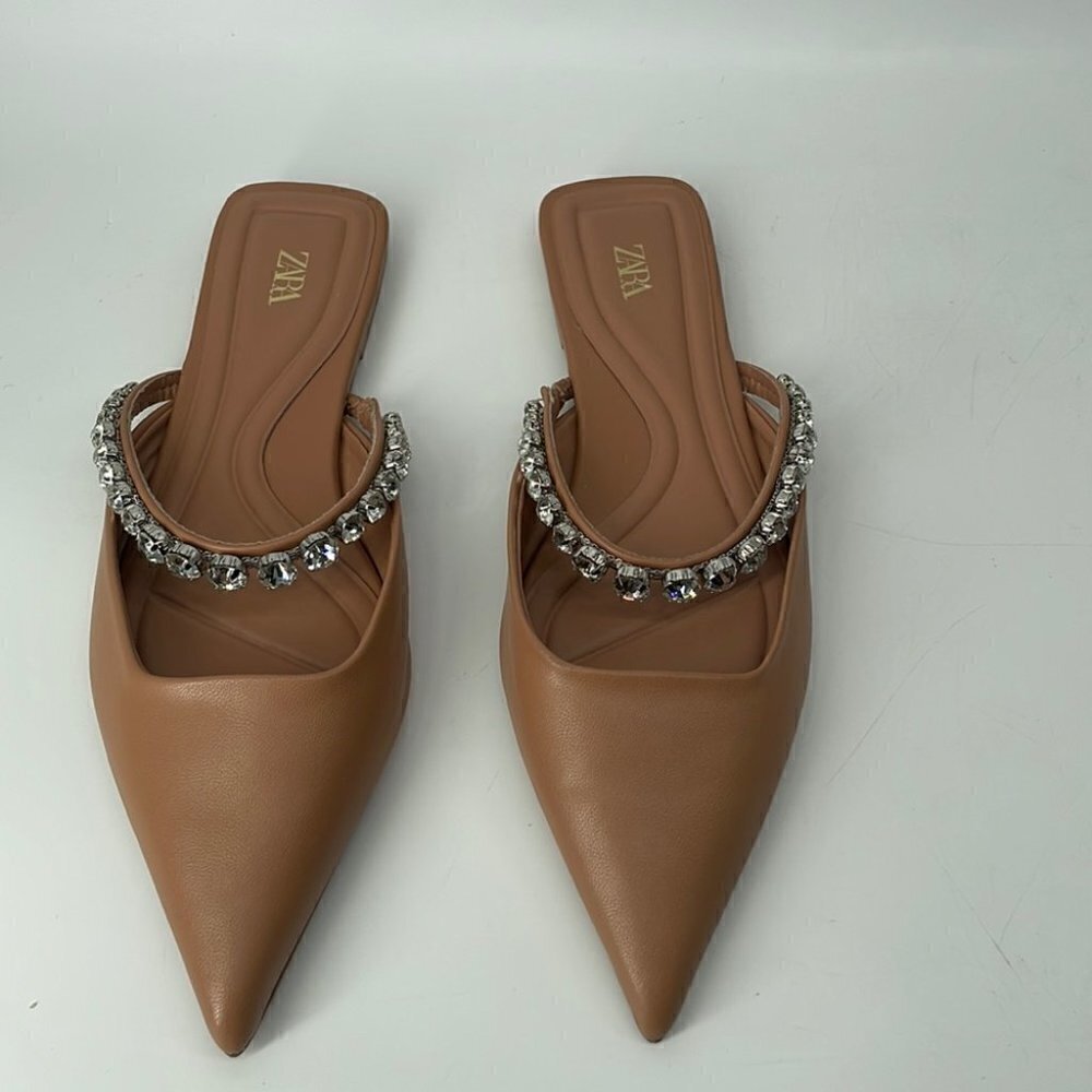 Zara sling back flat point shoes with rhinestones neutral beige brown sz 6 - Picture 3 of 13